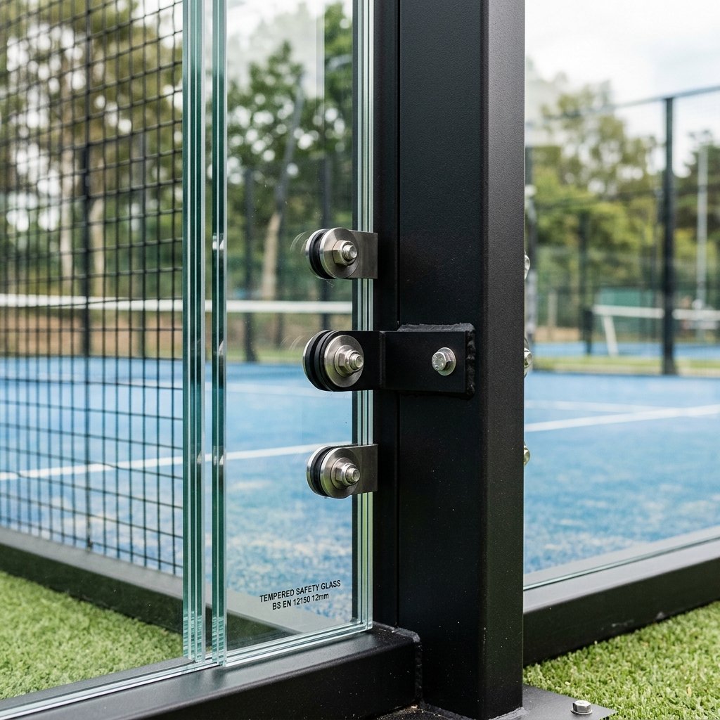 Tempered glass wall panel on padel court