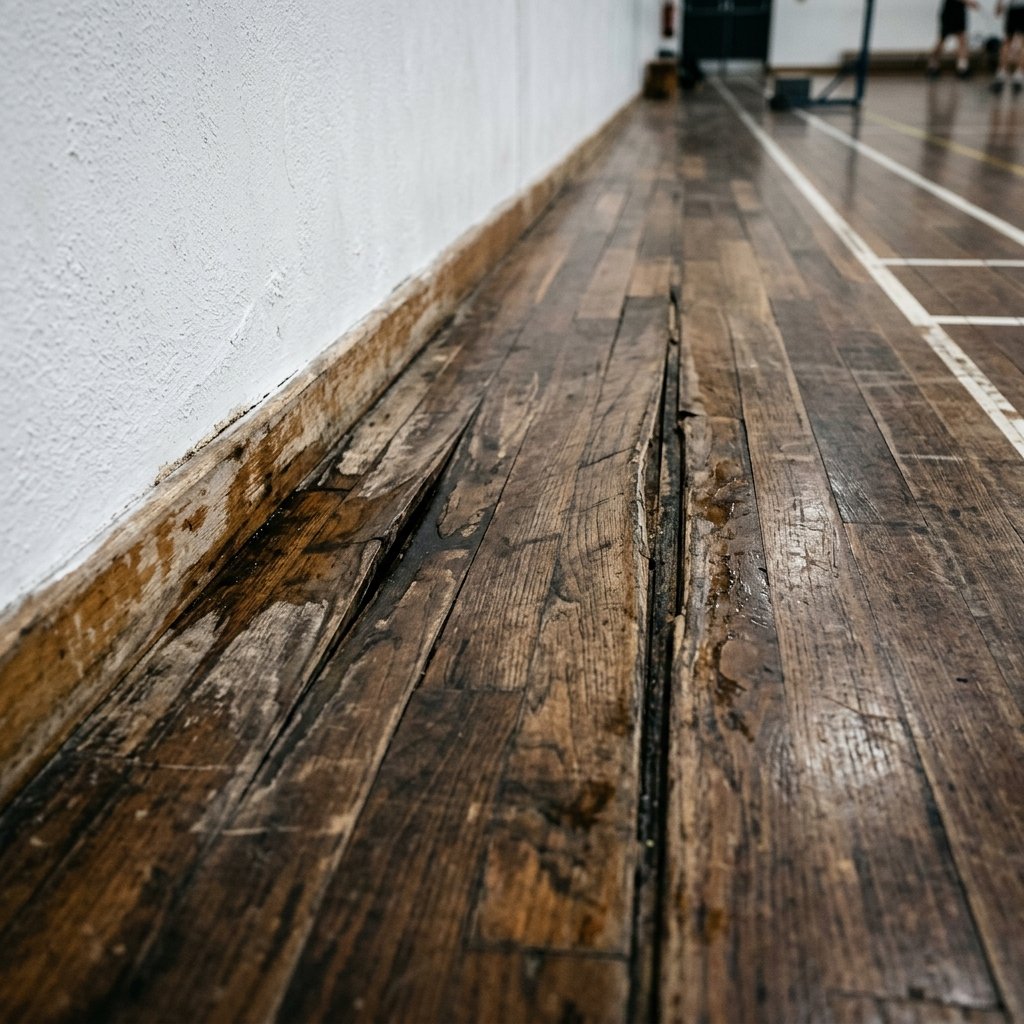 Sub-floor moisture damage on hardwood squash court