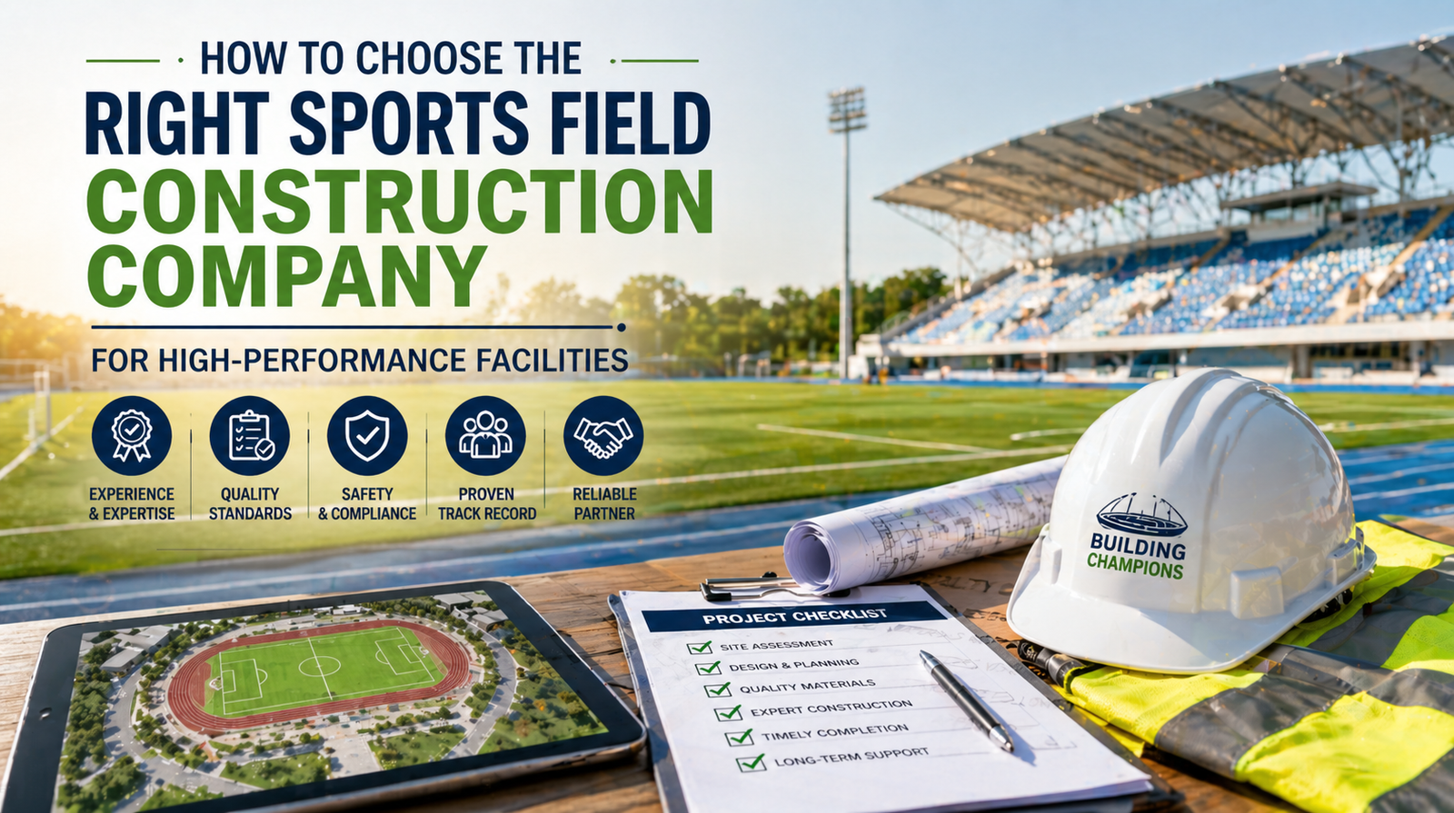 How to choose the right sports field construction company with stadium background, project checklist, and safety helmet