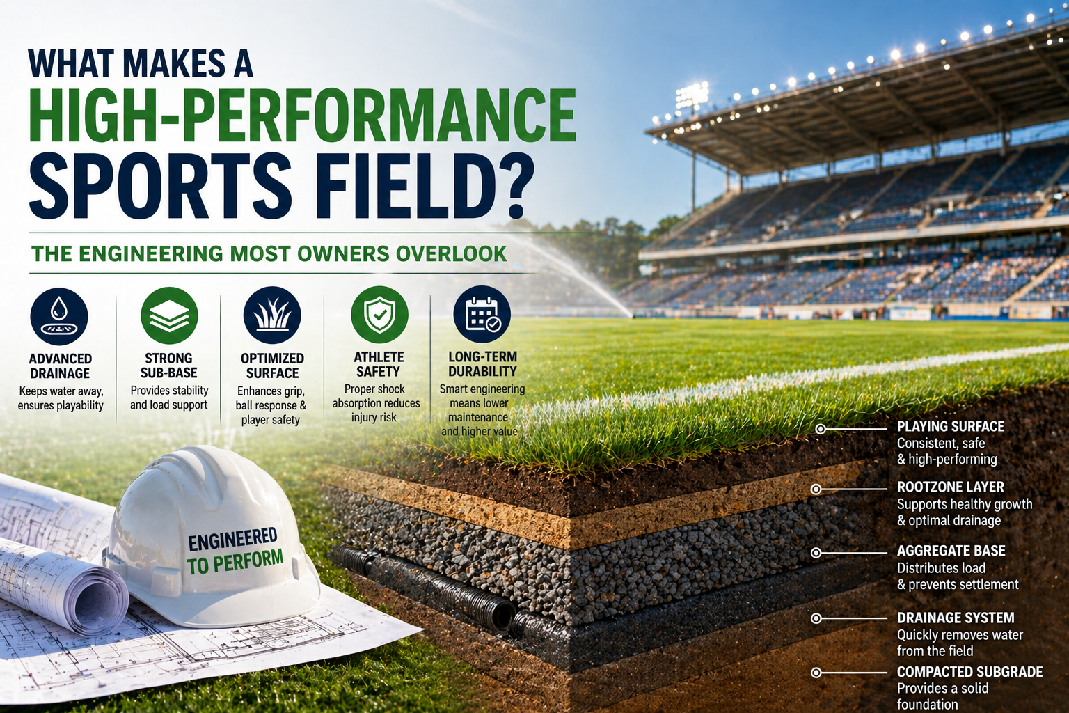 High-performance sports field engineering layers showing drainage system, sub-base, rootzone, and playing surface in stadium