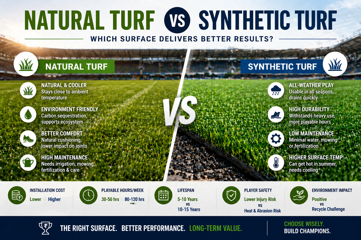 Natural turf vs synthetic turf comparison showing split sports field with performance, cost, durability, and maintenance differences