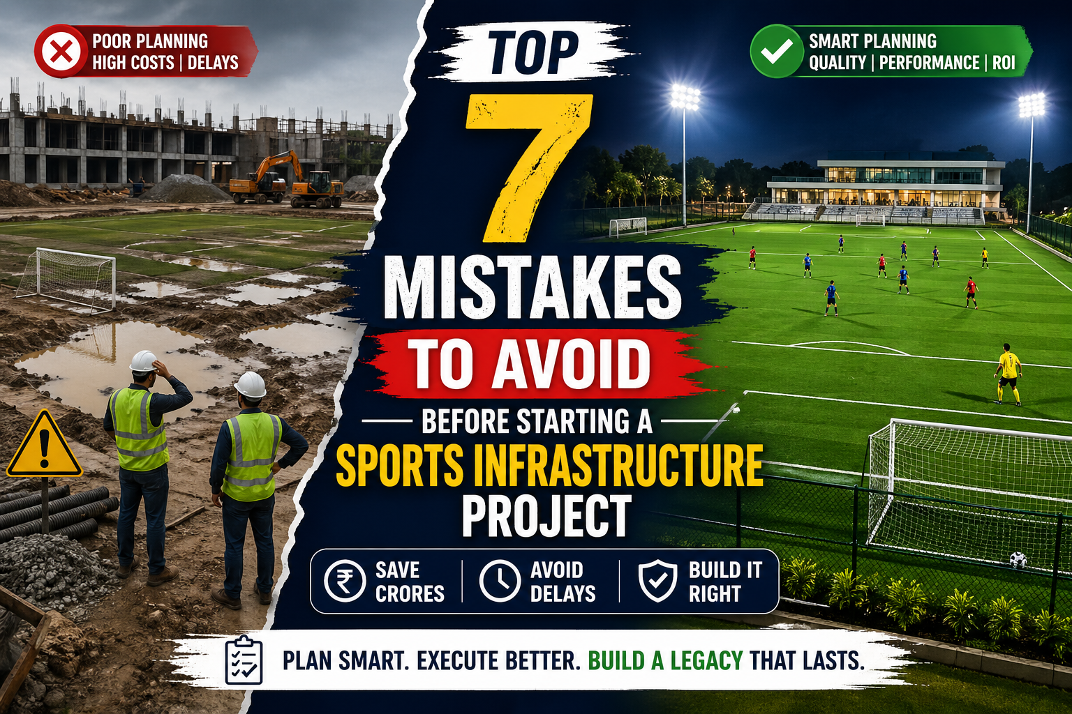 Split image showing poor sports field construction with waterlogging on one side and a modern artificial turf football ground on the other, highlighting mistakes to avoid in sports infrastructure projects.