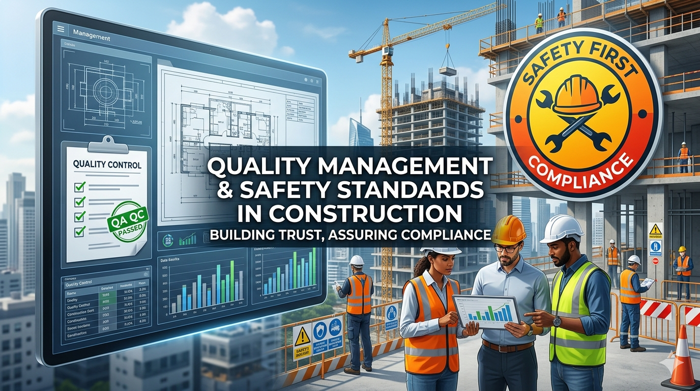 Construction professionals reviewing a digital quality control tablet on a high-rise building site with a "Safety First" emblem and data analytics overlays.